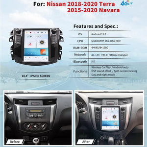 10.4" For NISSAN Navara/ NP300 2015-2020 Car Radio Headunit Stereo Carplay Upgrade Tesla Style Screen Android Auto GPS Navigation Multimedia Player Carputech
