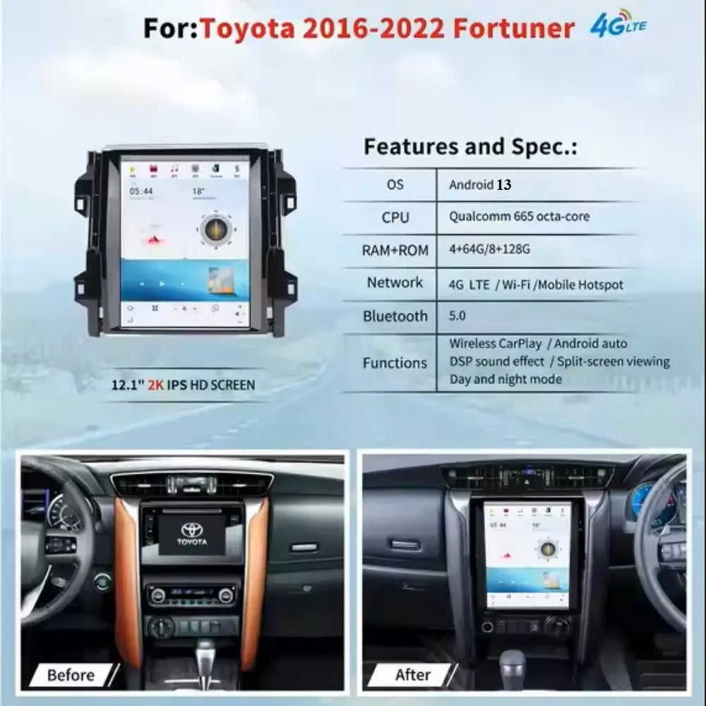 12.1" For Toyota fortuner 2016-2022 Car Radio Stereo Carplay Upgrade Tesla Style Screen Android Auto GPS Navigation Multimedia Player Carputech