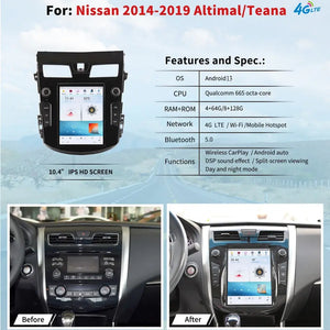 10.4" For NISSAN Altima/ Teana 2014-2019 Car Radio Headunit Stereo Carplay Upgrade Tesla Style Screen Android Auto GPS Navigation Multimedia Player Carputech