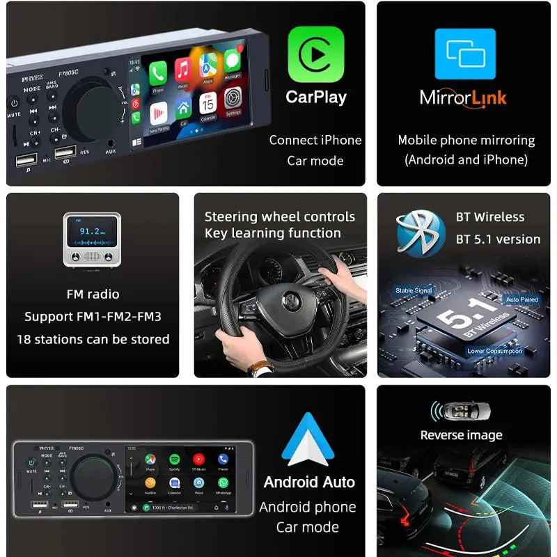 1 Din 4" CarPlay Car Radio Bluetooth Android-Auto MP5 Player Handfree A2DP USB Stereo Audio System Multimedia Head Unit Carputech