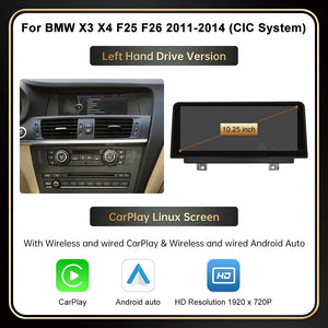 10.25" 12.3'' Wireless Carplay Multimedia Display Touch Screen Android auto Head Unit For BMW X3 F25 X4 F26 2011-2016 CIC NBT Linux system Carputech