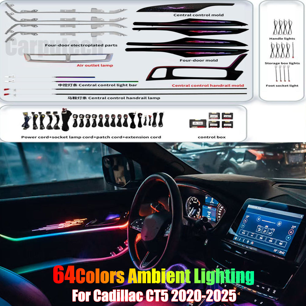 For Cadillac CT5 2020-2025 Symphony Car Interior Ambient Lighting 64 Color Trim Decoration Accessories Piano Black Mold