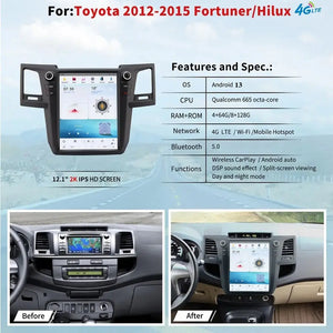 12.1" For Toyota fortuner 2012-2015 Car Radio Stereo Carplay Upgrade Tesla Style Screen Android Auto GPS Navigation Multimedia Player Carputech