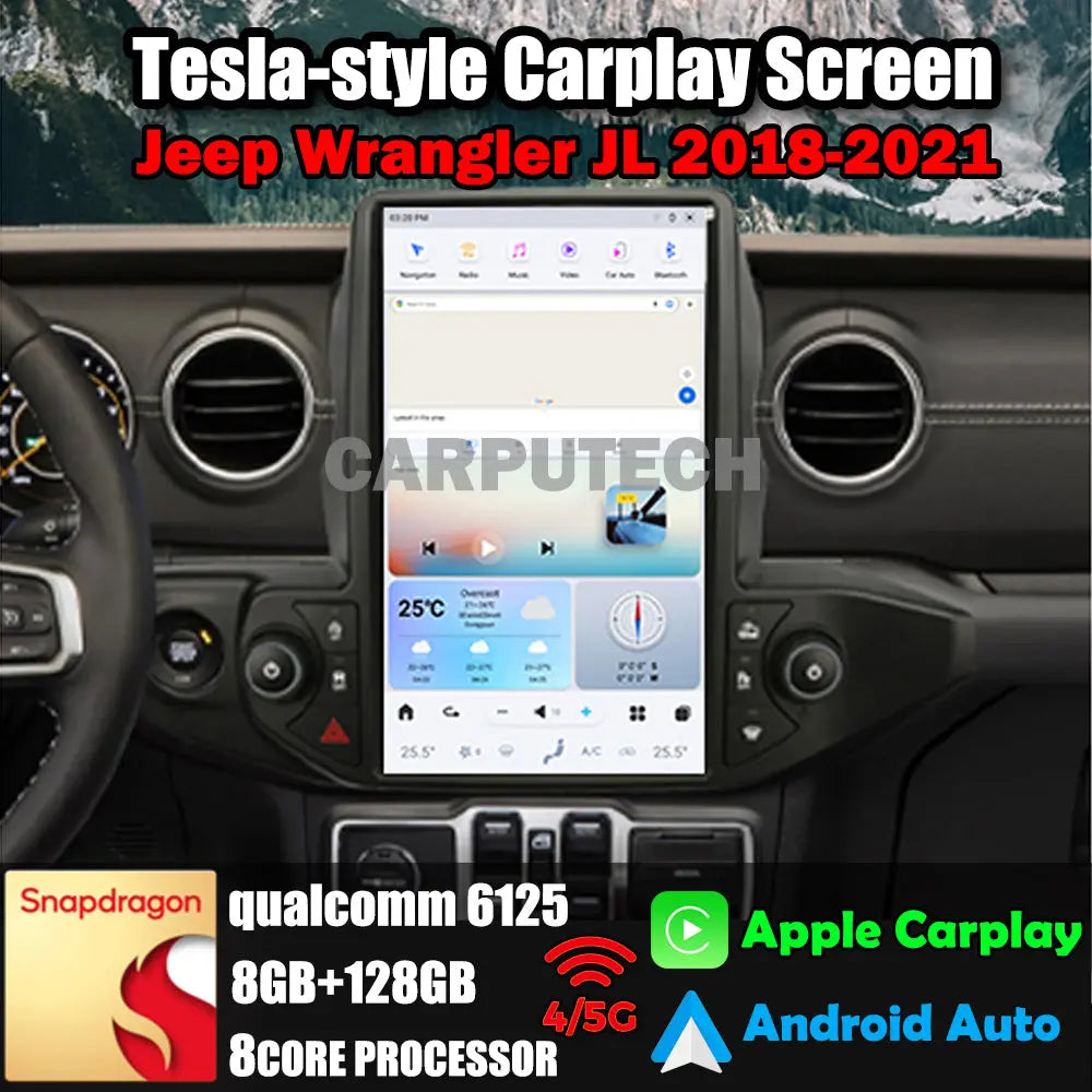 13.6" Qualcomm For Jeep Wrangler JL 2018-2021 Car Radio Stereo Carplay Upgrade Tesla Style Screen Android Auto GPS Navigation Multimedia Player Carputech