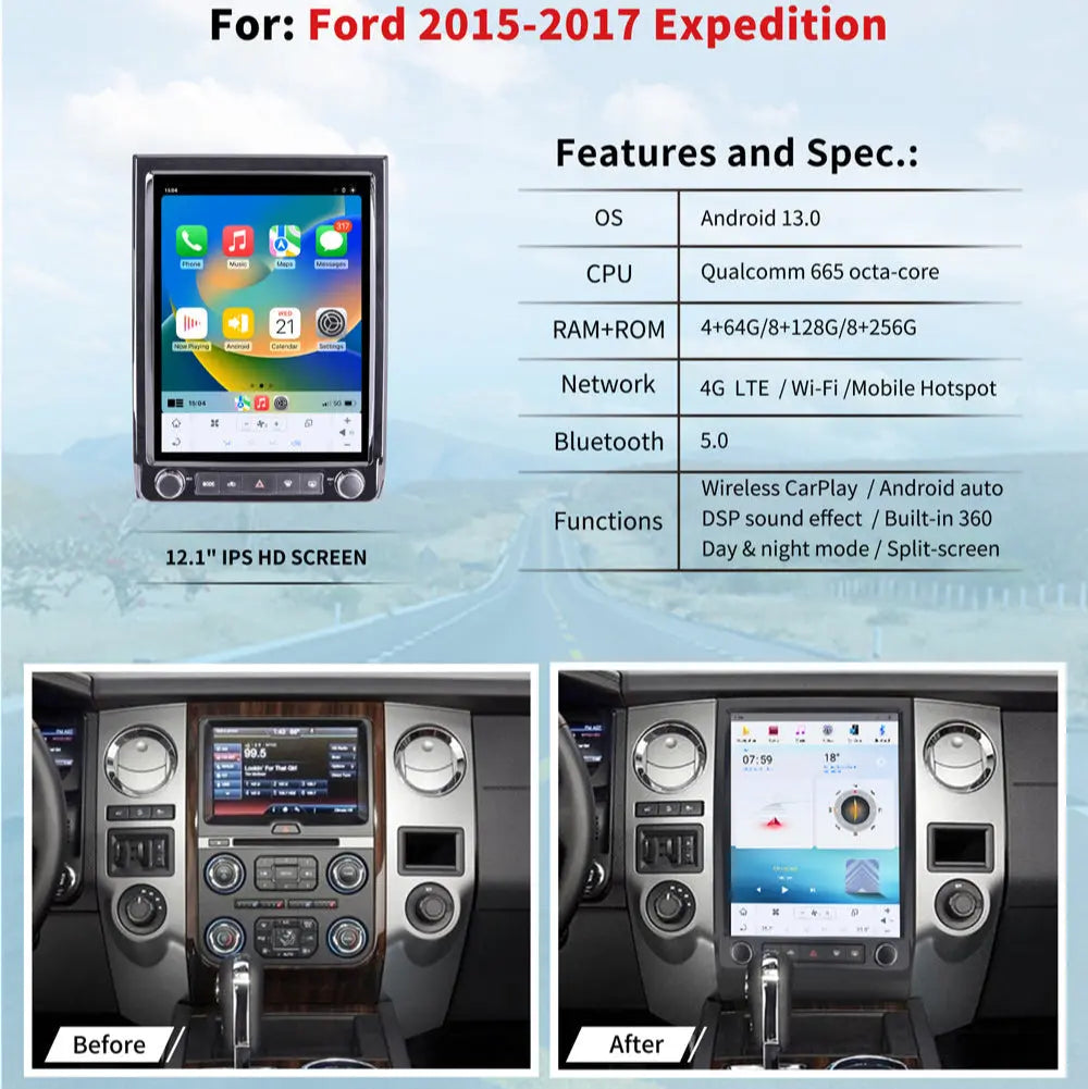12.1" Tesla Style Screen For Ford Expedition 2015-2017 Android 13 Multimedia Player Car Radio GPS Wireless Carplay Android Auto Carputech