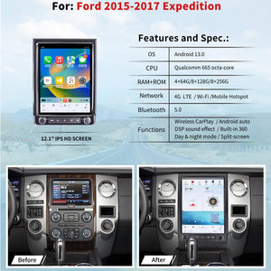 12.1" Tesla Style Screen For Ford Expedition 2015-2017 Android 13 Multimedia Player Car Radio GPS Wireless Carplay Android Auto Carputech