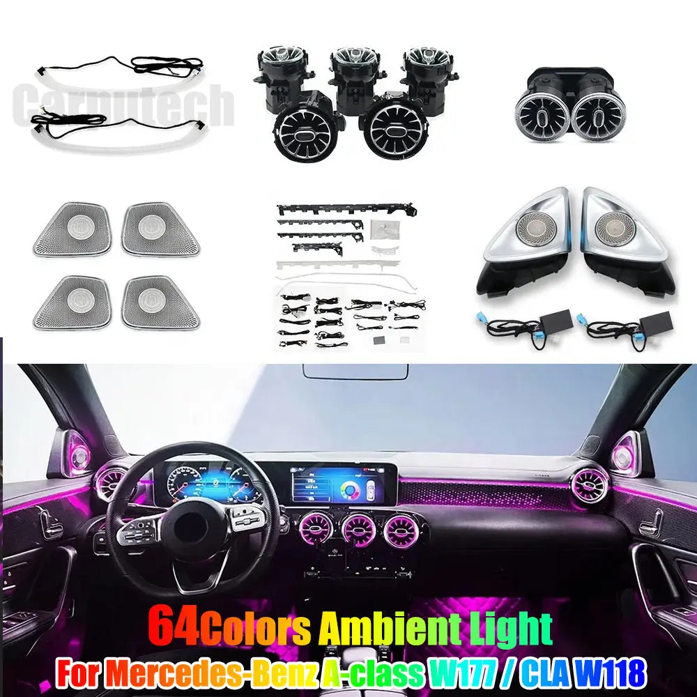 64 Colors Ambient Lighting For Mercedes Benz A-class W177 / CLA W118 / B-class W247 2019-2025 LED Car Neon Lamp Automotive Interior Decoration Carputech