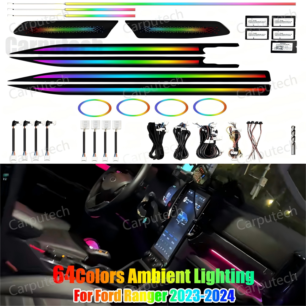 64 Color Dynamic Ambient Lighting for Ford Ranger 2023-2024 Interior LED Lighting Upgrade Accessories Kit