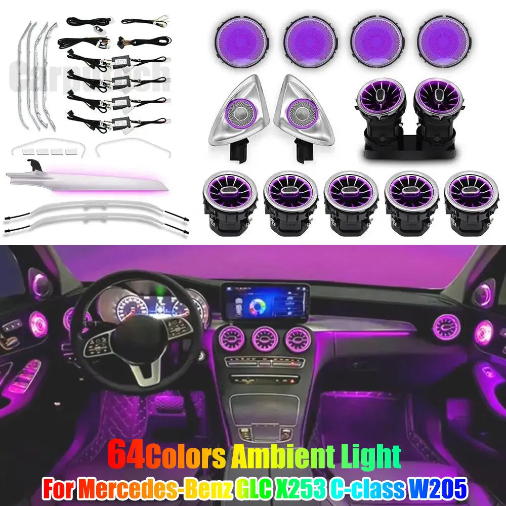 64 Colors Premium Car Interior Ambient Lighting for Mercedes Benz C-class W205/ GLC X253 2015-2021 Dream Color Car Atmosphere Lamp Carputech