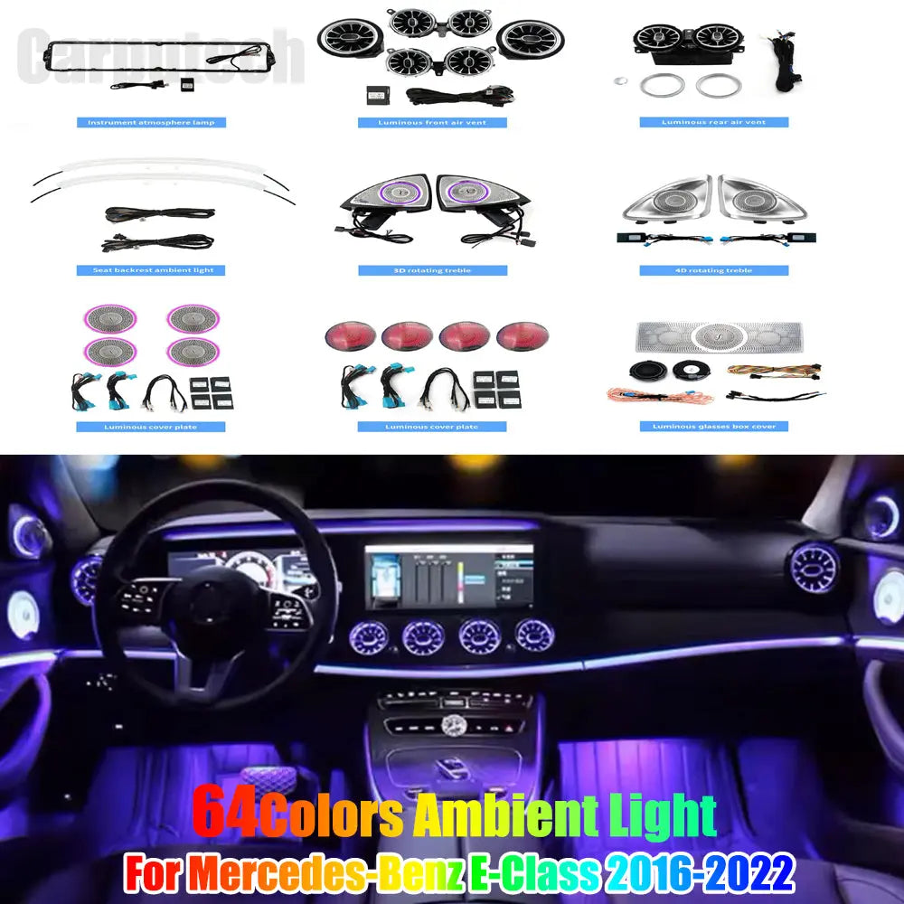 64 Colors Ambient Lighting Kits for Mercedes-Benz E-Class W213 2016-2022 Rotary Tweeter Atmosphere Light Luminous Turbine Vent Speaker Cover Carputech