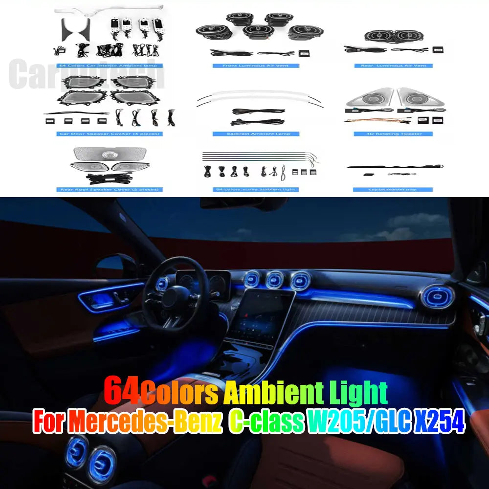 Full Set 64 Colors Car Interior LED Lighting Car Ambient Lighting Kit for Mercedes Benz C-class W206 / GLC X254 2022-2025 Carputech
