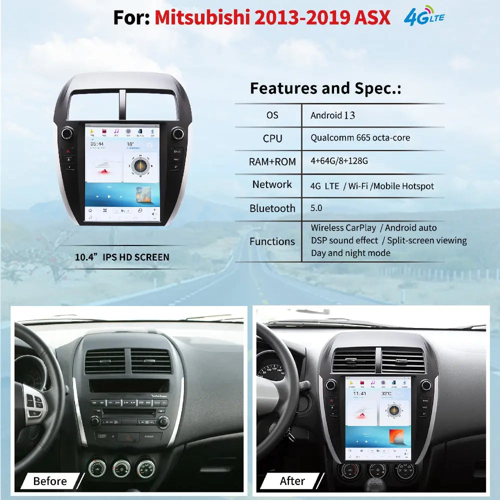 10.4" For MITSUBISHI ASX 2013-2019 Car Radio Headunit Stereo Carplay Upgrade Tesla Style Screen Android Auto GPS Navigation Multimedia Player Carputech