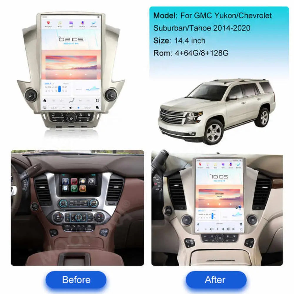 14.4" Qualcomm For GMC Yukon/ Chevrolet Suburban/Tahoe 2014-2020 Car Radio Stereo Carplay Upgrade Tesla Style Screen Android Auto GPS Navigation Multimedia Player Carputech