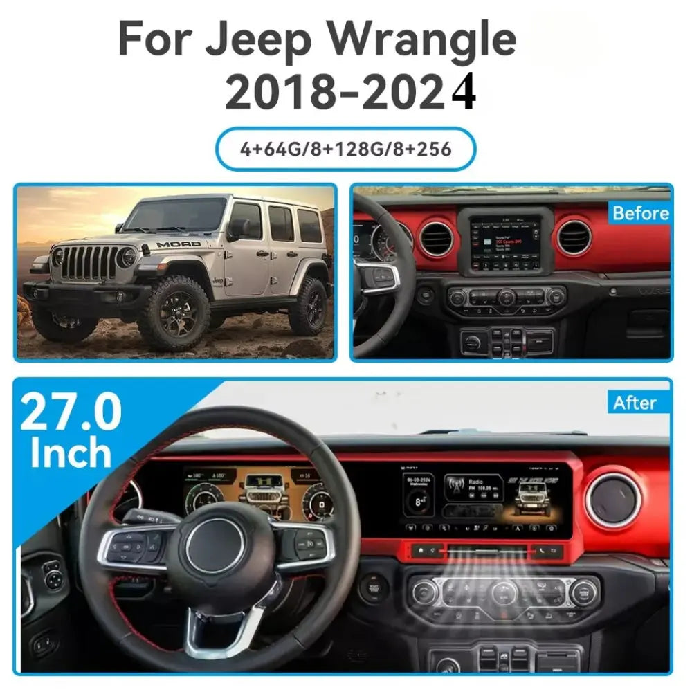 Jeep Wrangler 2018-2024 Digital Dashboard Cluster Dual Screen Car Radio Strip Screen CarPlay Android Auto Speed Meter Screen Carputech