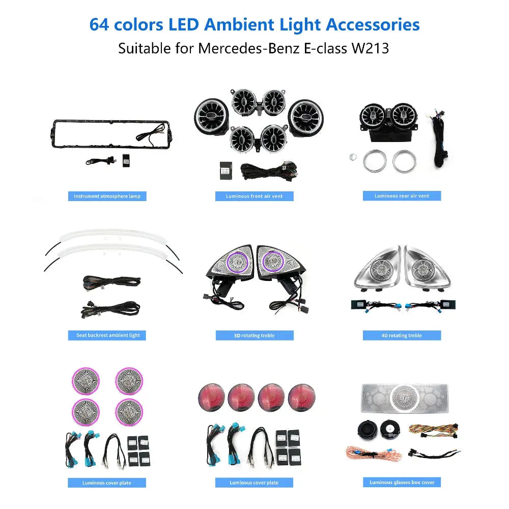 64 Colors Ambient Lighting Kits for Mercedes-Benz E-Class W213 2016-2022 Rotary Tweeter Atmosphere Light Luminous Turbine Vent Speaker Cover Carputech