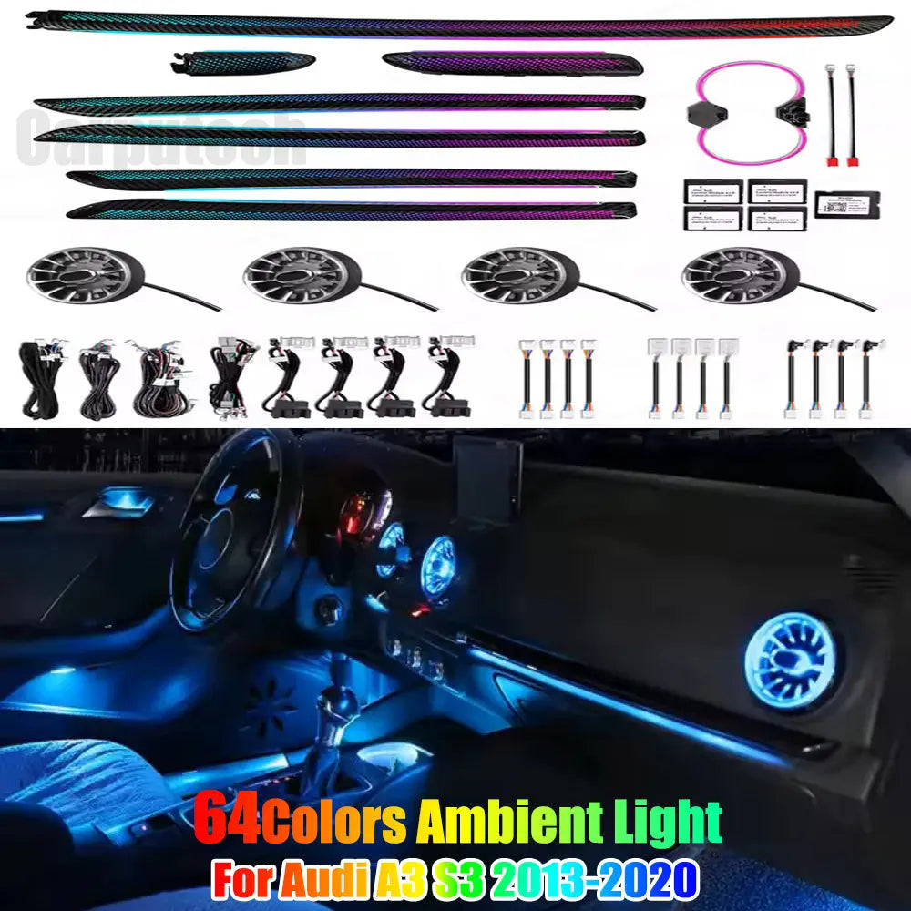 64 Colors Dynamic Ambient Lighting for Audi A3 S3 2013-2020 Car Interior Lighting Upgrade Accessories Air Vent Light Carputech