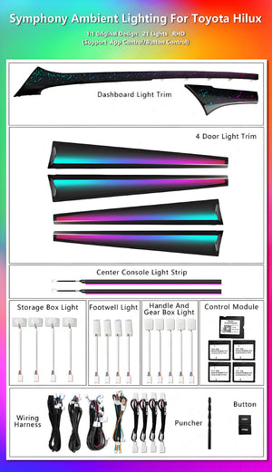 Upgrade RHD/LHD 64 Color Symphony Led Car Interior Ambient Lighting for Toyota Hilux 2015-2024 Trim Accessories Carputech