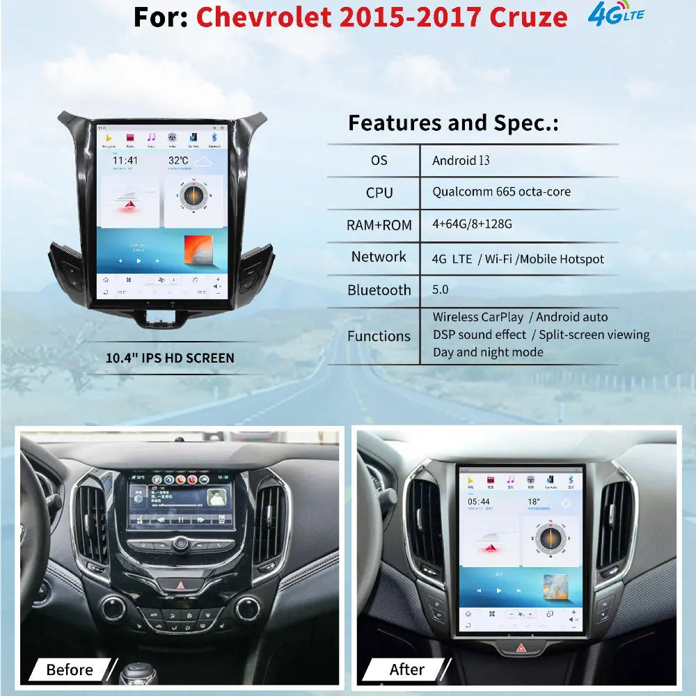 10.4" For Chevrolet Cruze 2015-2017 Car Radio Headunit Stereo Carplay Upgrade Tesla Style Screen Android Auto GPS Navigation Multimedia Player Carputech