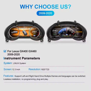 For Lexus GX400 GX460 2009-2020 12.3" LCD Digital Dashboard Cluster Car Panel Speedometer Virtual Cockpit Carputech