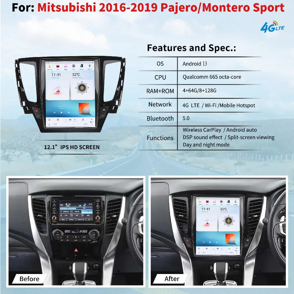 12.1" For MITSUBISHI Pajero Sport/Montero sport 2016-2019 Car Radio Headunit Stereo Carplay Upgrade Tesla Style Screen Android Auto GPS Navigation Multimedia Player Carputech