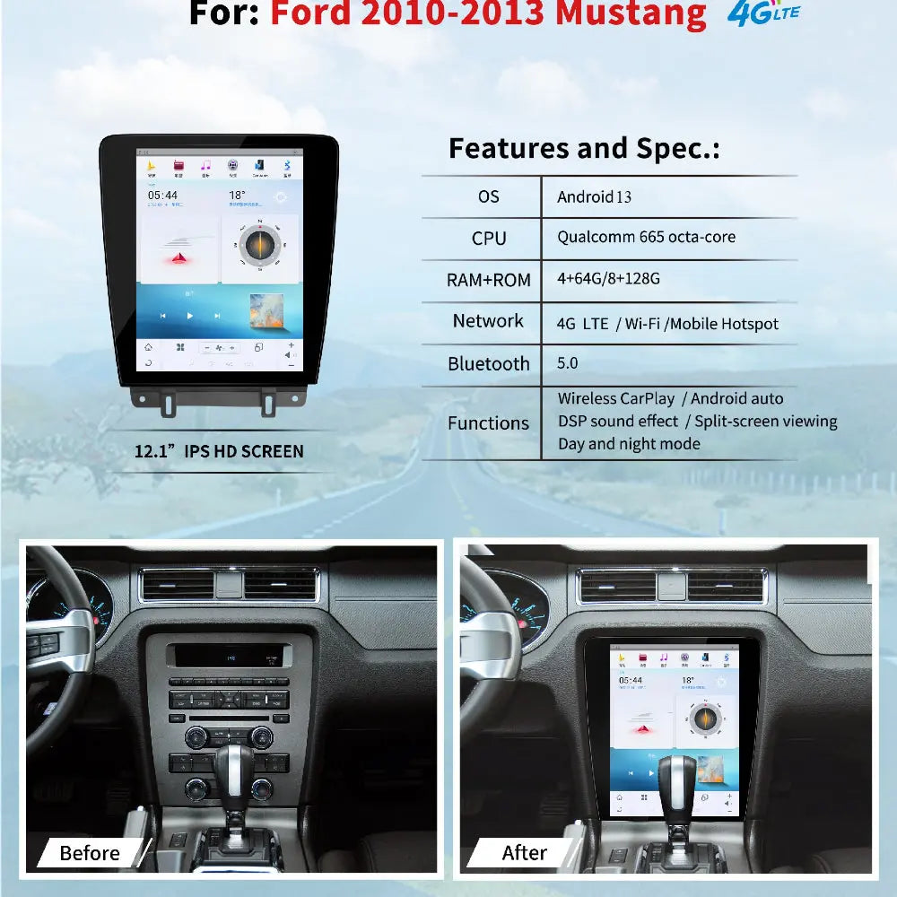 12.1" For Ford Mustang 2010-2013 Car Radio Headunit Stereo Carplay Upgrade Tesla Style Screen Android Auto GPS Navigation Multimedia Player Carputech