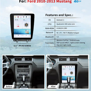 12.1" For Ford Mustang 2010-2013 Car Radio Headunit Stereo Carplay Upgrade Tesla Style Screen Android Auto GPS Navigation Multimedia Player Carputech