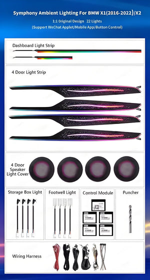 For BMW X1 X2 2016-2022 F48 F49 Dynamic Colorful Ambient Lighting Upgrade Kit for Interior LED Ambient Lighting LED Air Vent Carputech