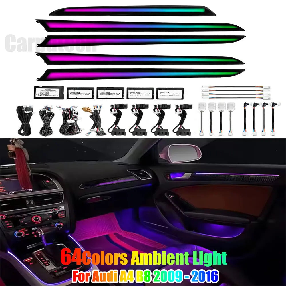 64 Colors Dynamic Ambient Light for Audi A4 B8 2009 - 2016 Interior LED Lighting Accessories Upgrade Atmosphere Light Carputech