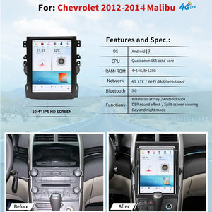 10.4" For Chevrolet Malibu 2012-2014 Car Radio Headunit Stereo Carplay Upgrade Tesla Style Screen Android Auto GPS Navigation Multimedia Player Carputech