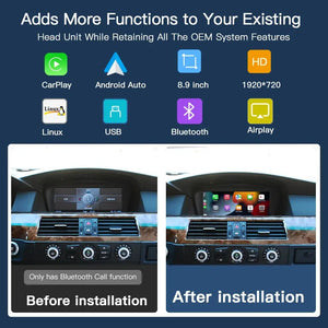 8.9inch Wireless Linux CarPlay Android Car Multimedia Screen for BMW 3Series 5 Series CCC, E60/E63/E64/E90/E91/E92/E93 2005-2010 Carputech