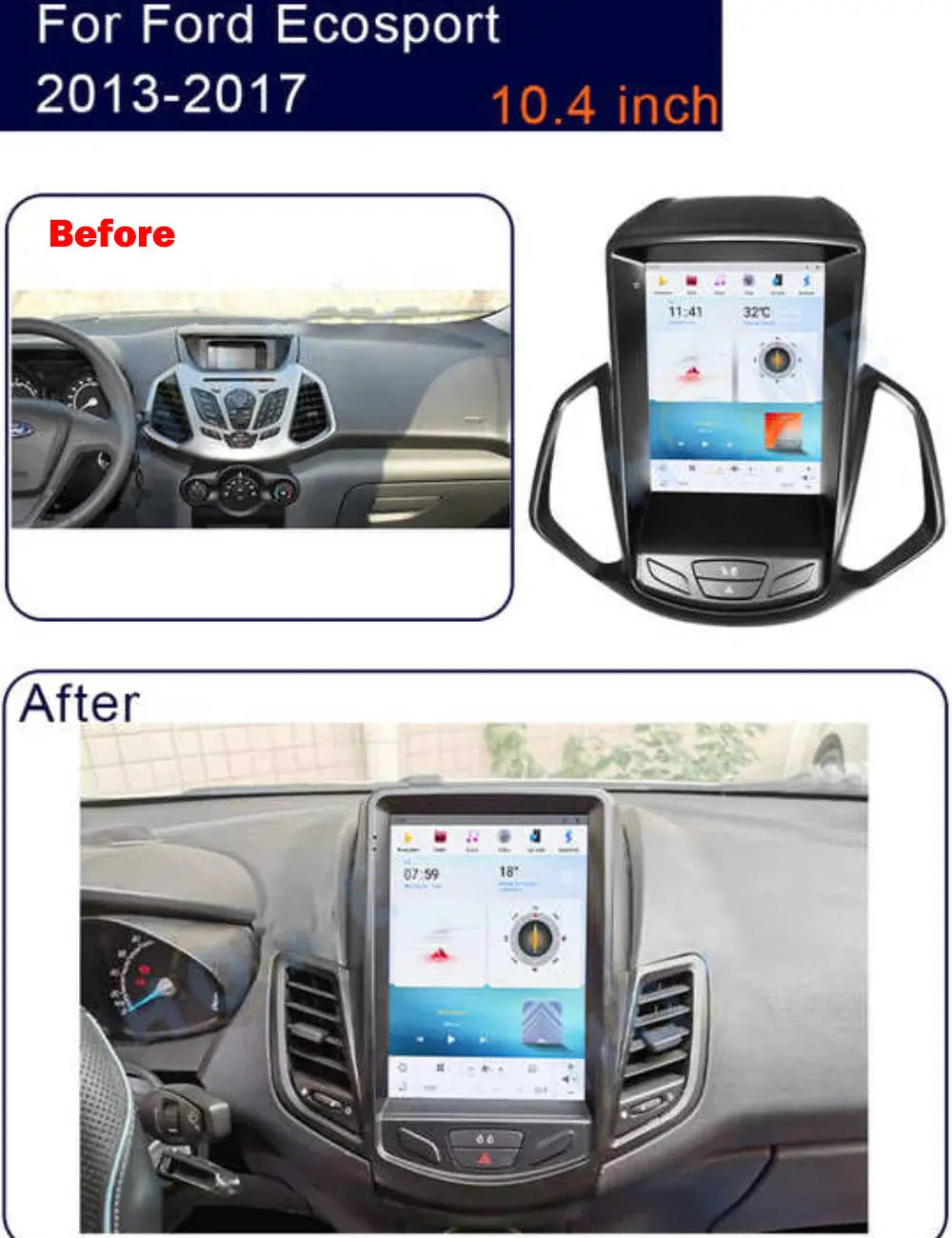 10.4" For Ford Ecosport 2013-2017 Car Radio Headunit Stereo Carplay Upgrade Tesla Style Screen Android Auto GPS Navigation Multimedia Player Carputech