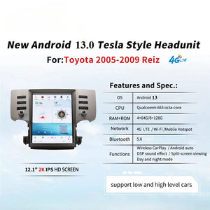 12.1" For Toyota Reiz 2005-2009 Car Radio Headunit Stereo Carplay Upgrade Tesla Style Screen Android Auto GPS Navigation Multimedia Player Carputech