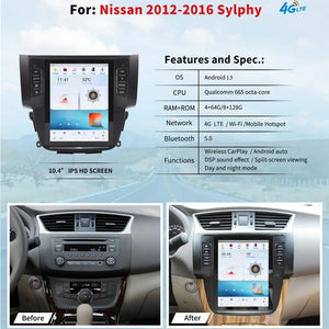 10.4" For NISSAN Sylphy 2012-2016 Car Radio Headunit Stereo Carplay Upgrade Tesla Style Screen Android Auto GPS Navigation Multimedia Player Carputech