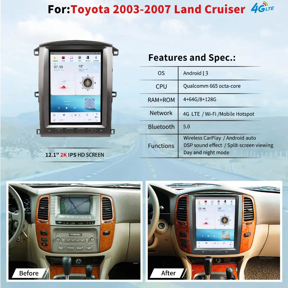 12.1" Qualcomm For Toyota Land Cruiser 2002-2007 Car Radio Headunit Stereo Carplay Upgrade Tesla Style Screen Android Auto GPS Navigation Multimedia Player Carputech