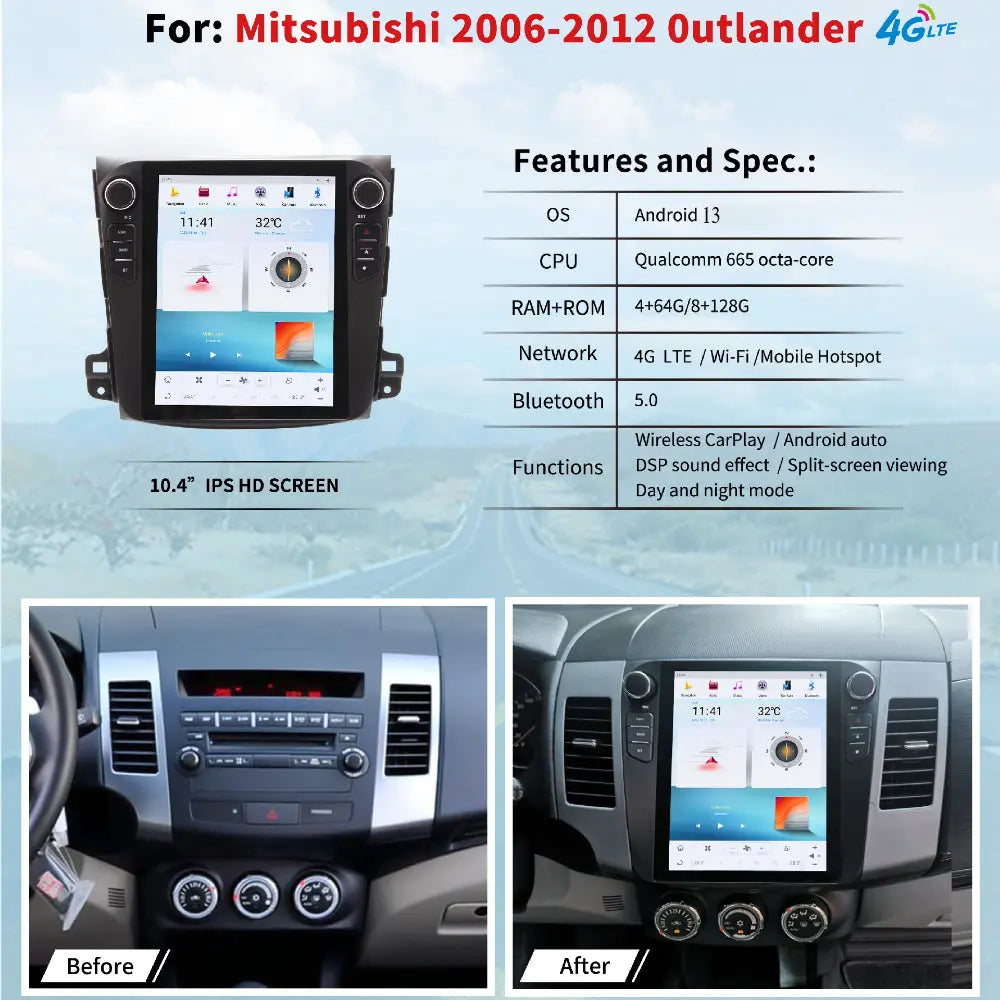 10.4" For MITSUBISHI Outlander 2006-2013 Car Radio Headunit Stereo Carplay Upgrade Tesla Style Screen Android Auto GPS Navigation Multimedia Player Carputech