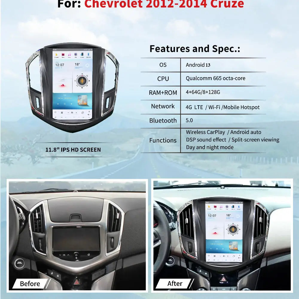 11.8" Qualcomm For Chevrolet Cruze 2012-2014 Car Radio Stereo Carplay Upgrade Tesla Style Screen Android Auto GPS Navigation Multimedia Player Carputech