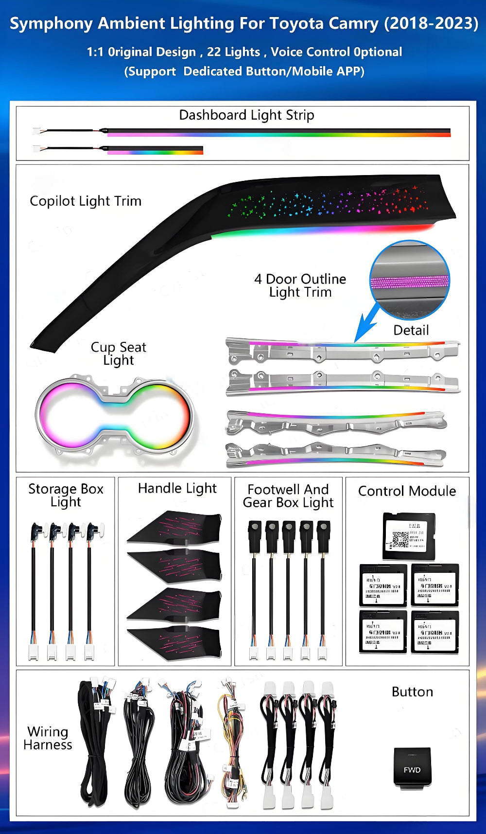 64 Colors Ambient Lighting Upgrade Kit for Toyota Camry 8th 2018 - 2023 Interior LED Light Accessories