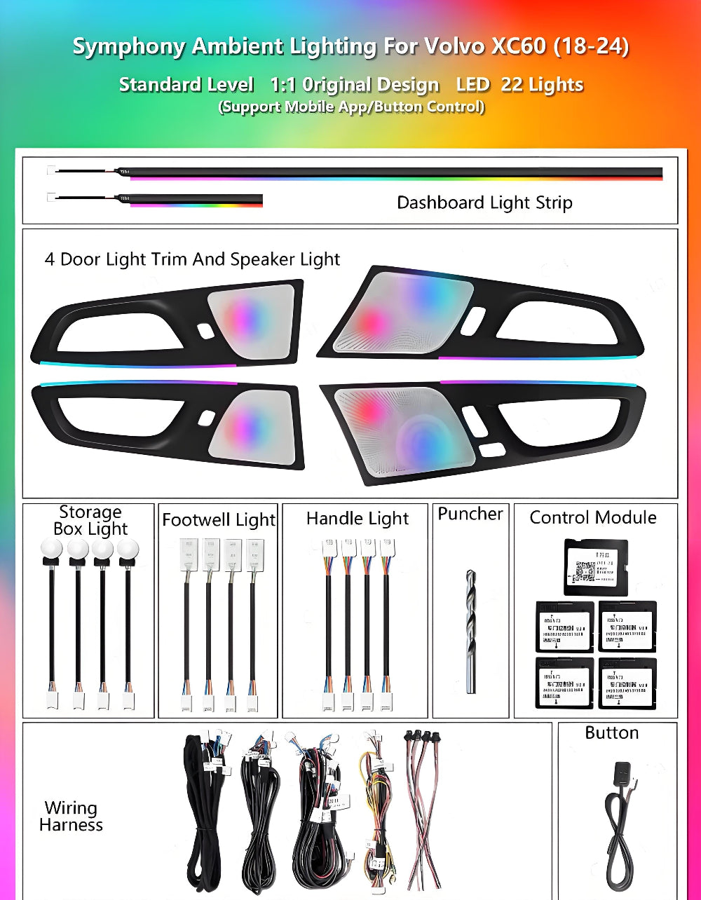 Upgrade LED Car Interior Ambient Lighting for Volvo XC60 2018-2024 Strip Accessories Decoration