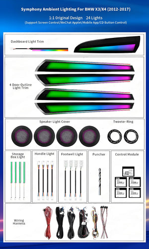 For BMW X3 X4 F25 F26 2012-2017 Upgrade 256 Colors Symphony Car Interior Ambient Lighting Air Vent Strip Accessories Carputech