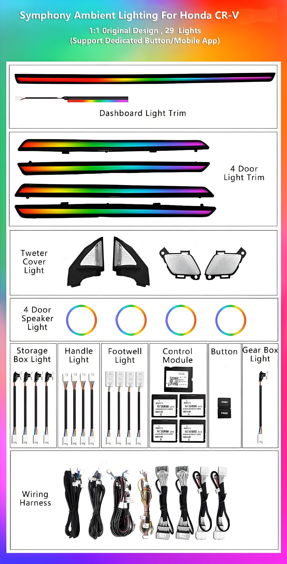 64 Colors Dynamic Ambient Lighting for Honda CR-V 6th Gen 2023-2025 Interior Lighting Upgrade Accessories