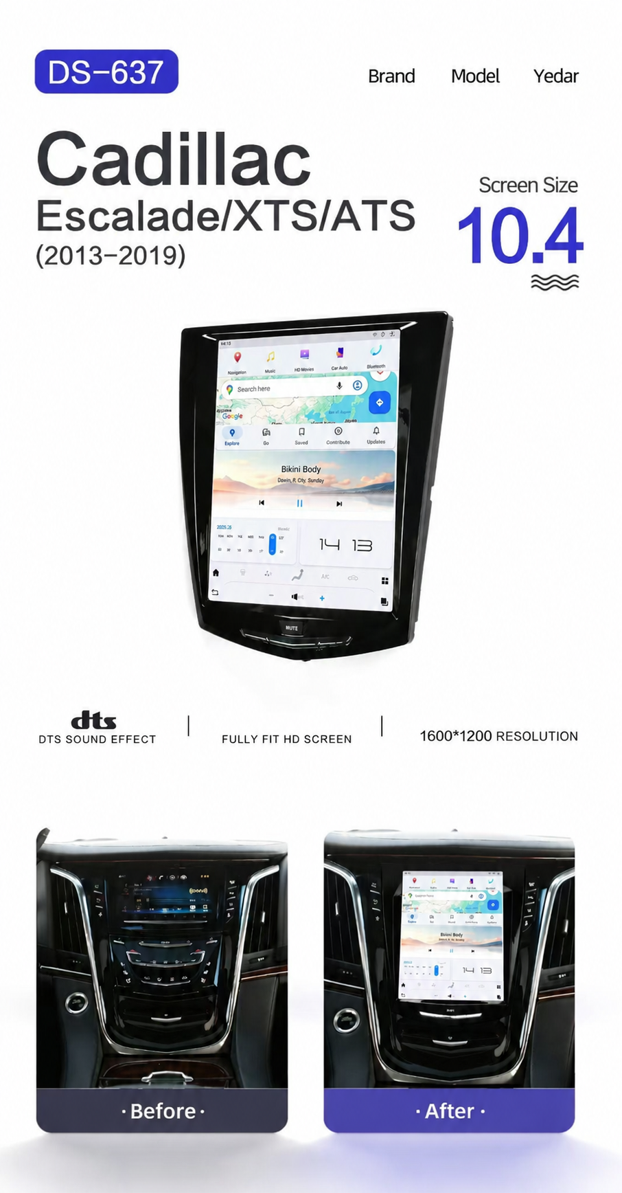 Autoradio 10,5" Qualcomm pour Cadillac ATS CTS XTS SRX Escalade 2013-2018, mise à niveau Carplay, écran de style Tesla, Android Auto, navigation GPS, lecteur multimédia