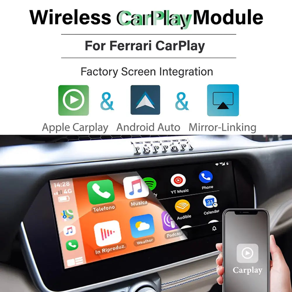 Wireless Apple Carplay & Android Auto for Ferrari 458 (F142) 488 (F142M) F12Berlinetta (F152) F8 (F142MFL) 812 Superfast (F152M) GTC4Lusso (F151M) Portofino (F164) Roma (F169) California T (F149M) 2009-2023 Carputech