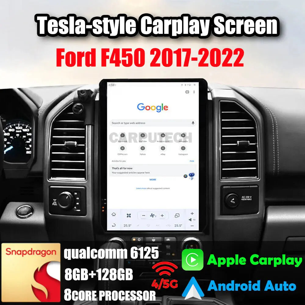 For Ford F450 2017-2022 Car Radio Stereo Carplay Upgrade Tesla Style Screen 14.4" Qualcomm Android Auto GPS Navigation Multimedia Player Carputech