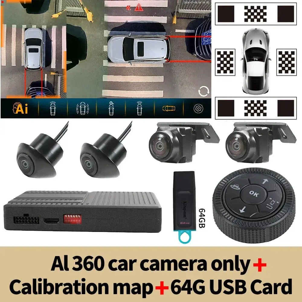 Carputech 360 degree panoramic view HD 1080P AI Intelligent Object Recognition Reminder 3D Bird Eye View Car Camera System Carputech