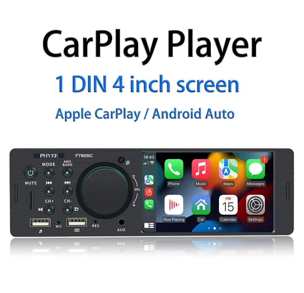 1 Din 4" CarPlay Car Radio Bluetooth Android-Auto MP5 Player Handfree A2DP USB Stereo Audio System Multimedia Head Unit Carputech