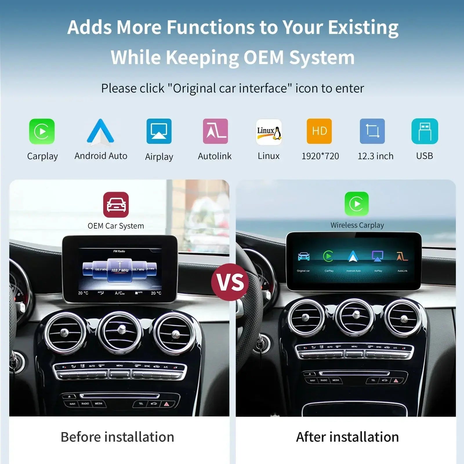 Wireless Carplay/Android Auto 12.3'' Touch screen Linux Multimedia Radio Receiver for Mercedes Benz GLA CLA GLC GLK ML W205 W176 C117 Carputech
