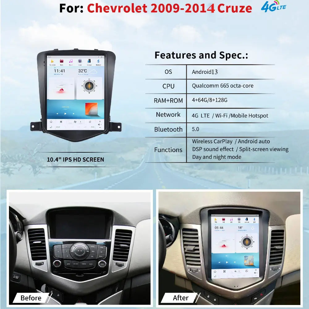 10.4" For Chevrolet Cruze 2009-2014 Car Radio Headunit Stereo Carplay Upgrade Tesla Style Screen Android Auto GPS Navigation Multimedia Player Carputech