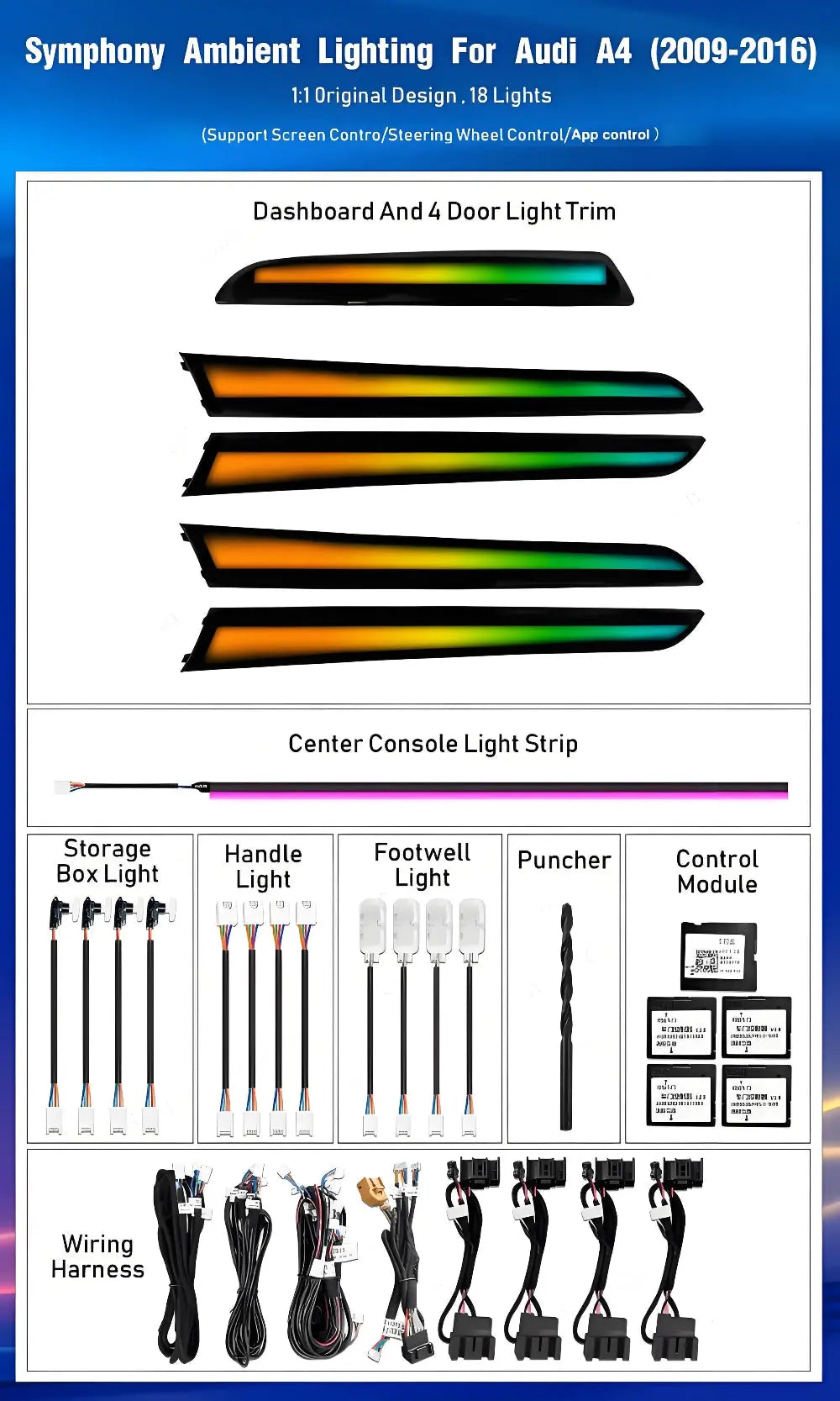 64 Colors Dynamic Ambient Light for Audi A4 B8 2009 - 2016 Interior LED Lighting Accessories Upgrade Atmosphere Light