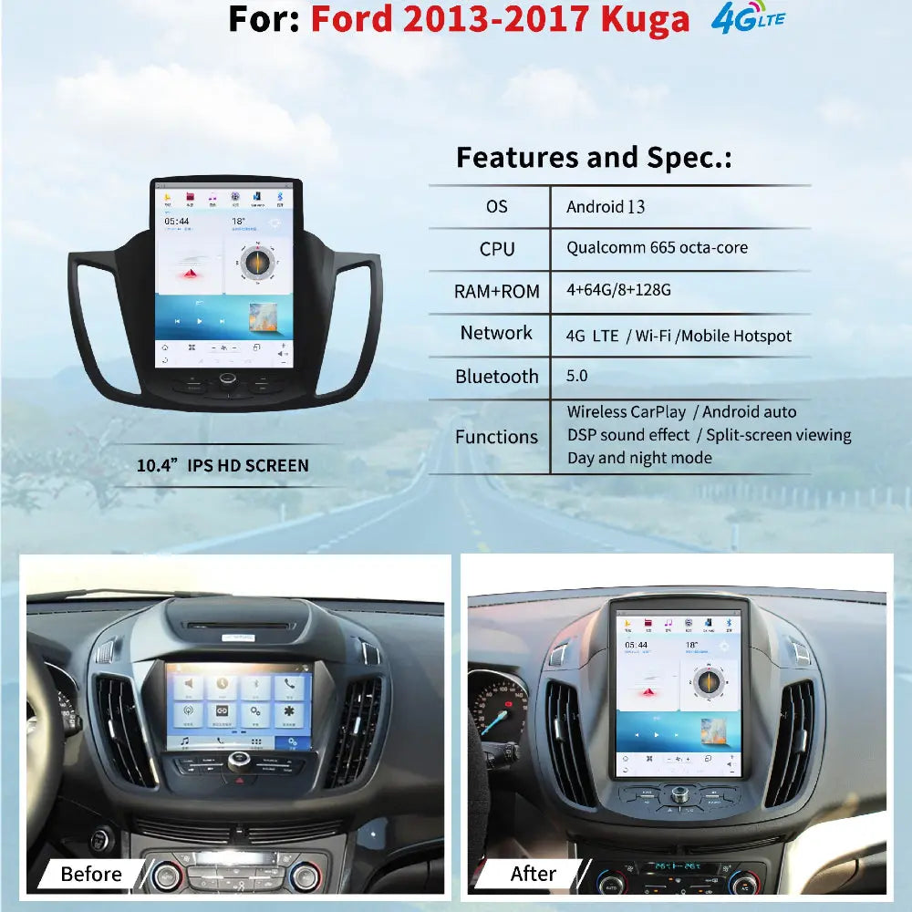 10.4" For Ford Kuga 2013-2017 Car Radio Headunit Stereo Carplay Upgrade Tesla Style Screen Android Auto GPS Navigation Multimedia Player Carputech