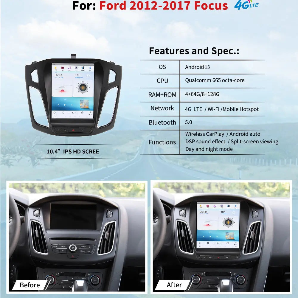 10.4" For Ford Focus 2012-2017 Car Radio Headunit Stereo Carplay Upgrade Tesla Style Screen Android Auto GPS Navigation Multimedia Player Carputech